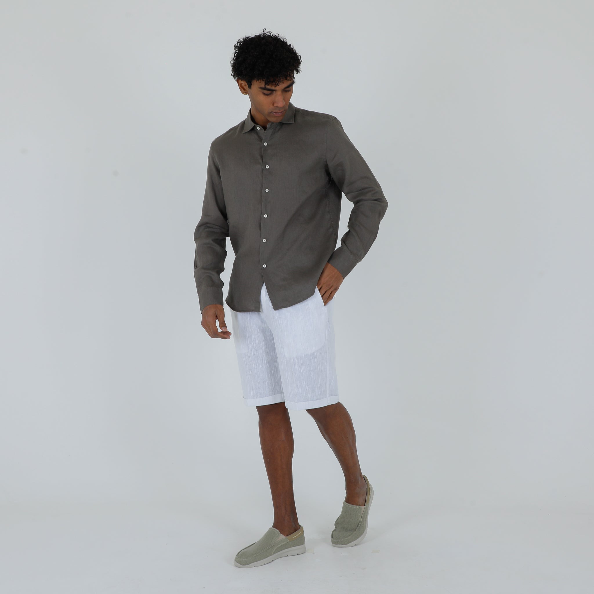 CAMICIA LINO COLLO FRANCESE-11551|Colore:Fango