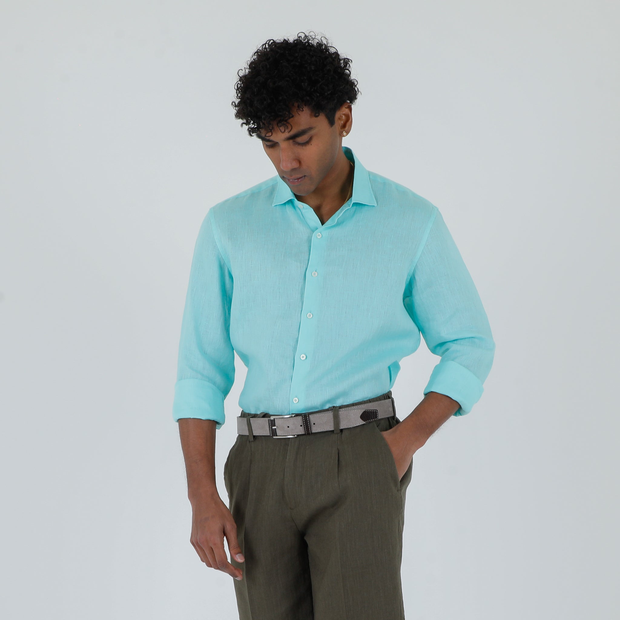 CAMICIA LINO COLLO FRANCESE-11551|Colore:Verde acqua