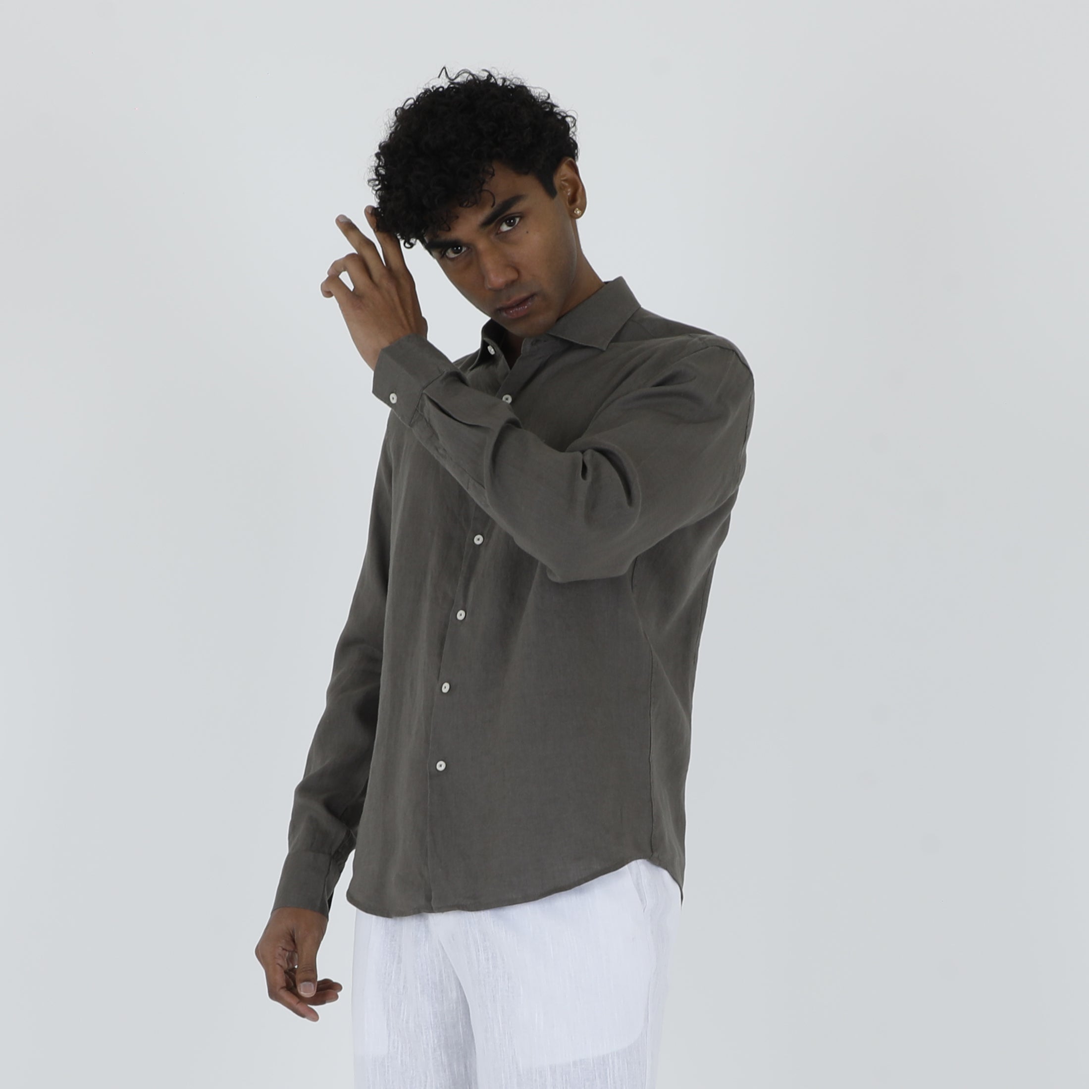 CAMICIA LINO COLLO FRANCESE-11551|Colore:Fango