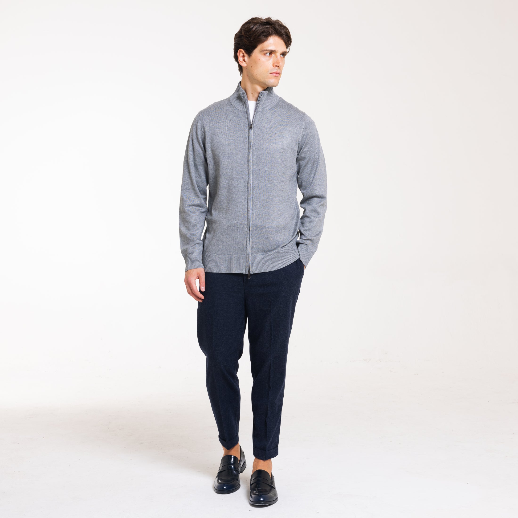 CARDIGAN FULL ZIP DOPPIO FILO-11622|Colore:Grigio