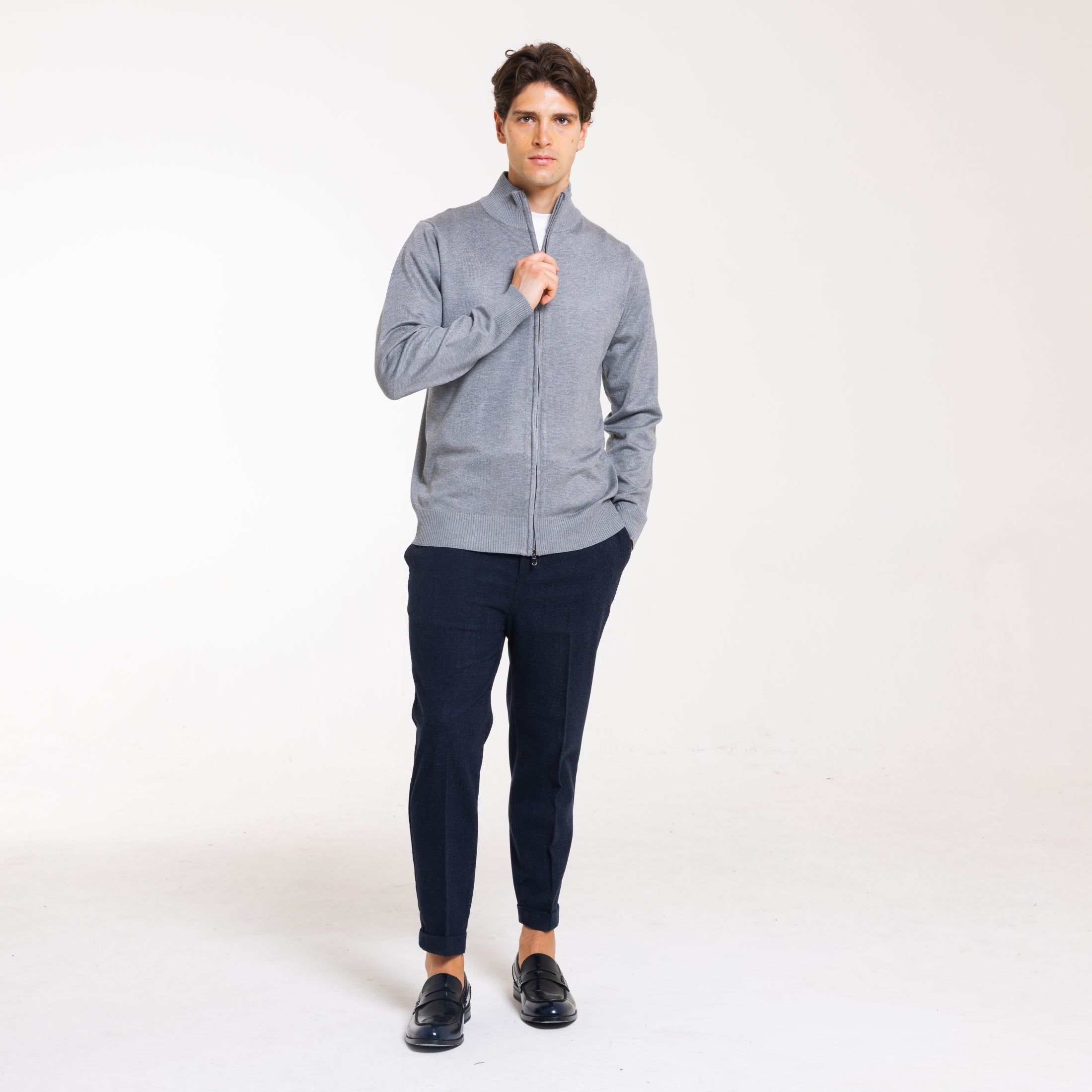 CARDIGAN FULL ZIP DOPPIO FILO-11622|Colore:Grigio