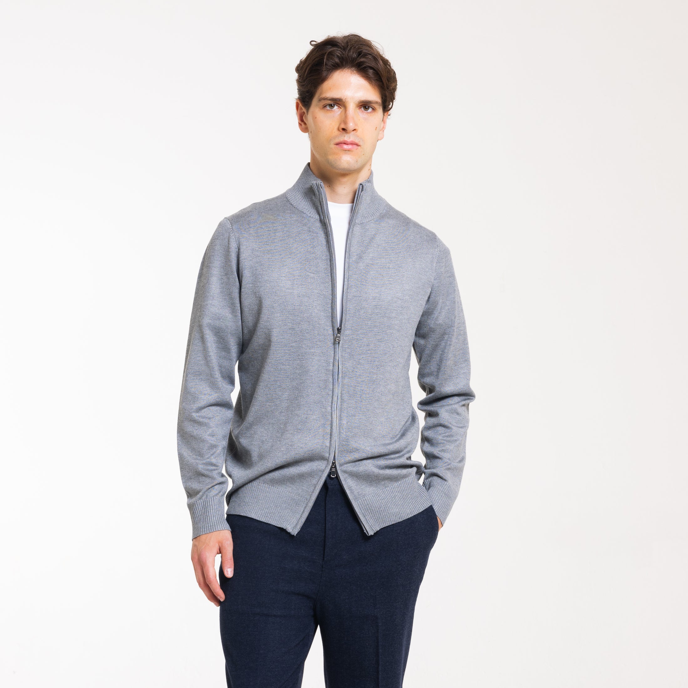 CARDIGAN FULL ZIP DOPPIO FILO-11622|Colore:Grigio