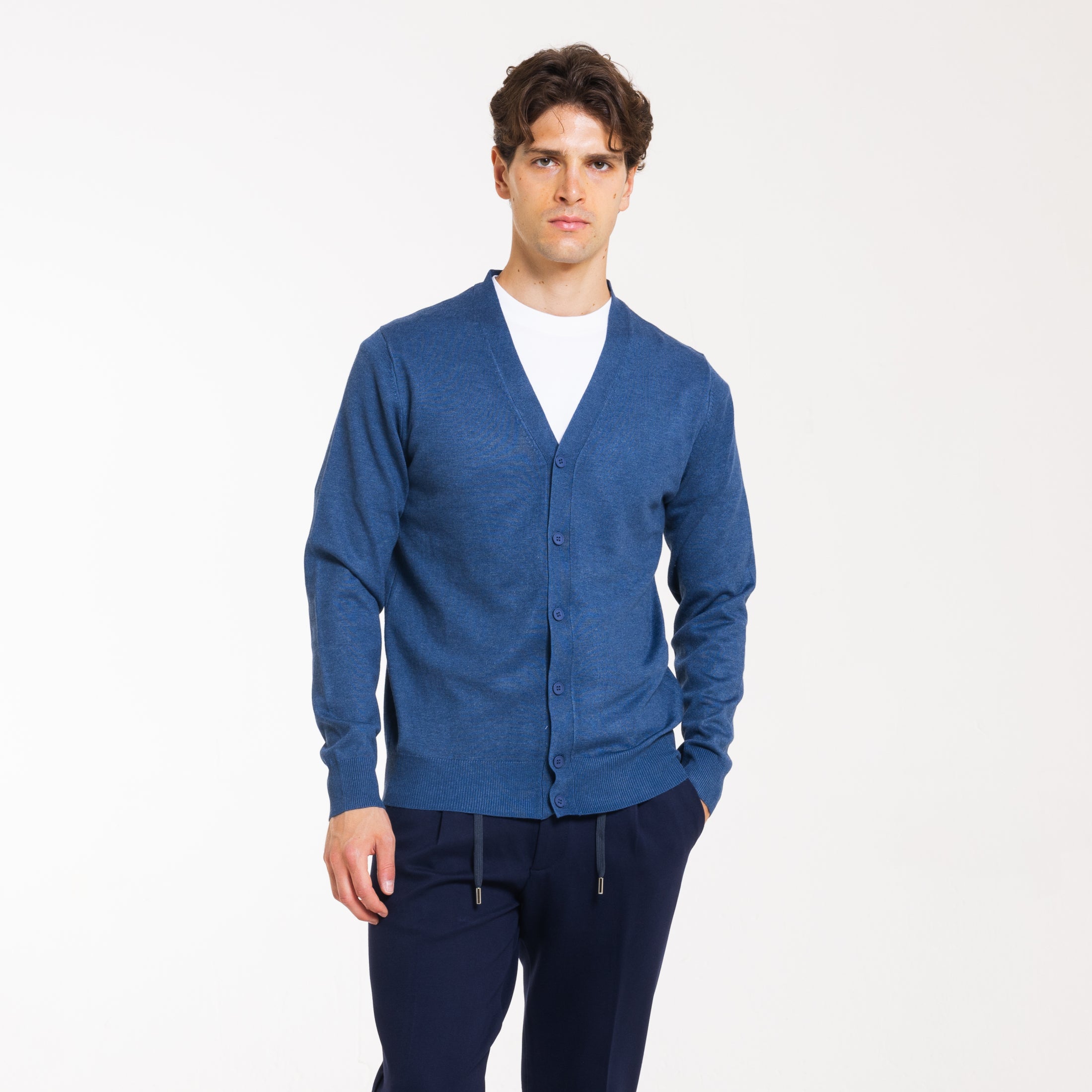 CARDIGAN DOPPIO FILO CON BOTTONI-11623|Colore:Denim