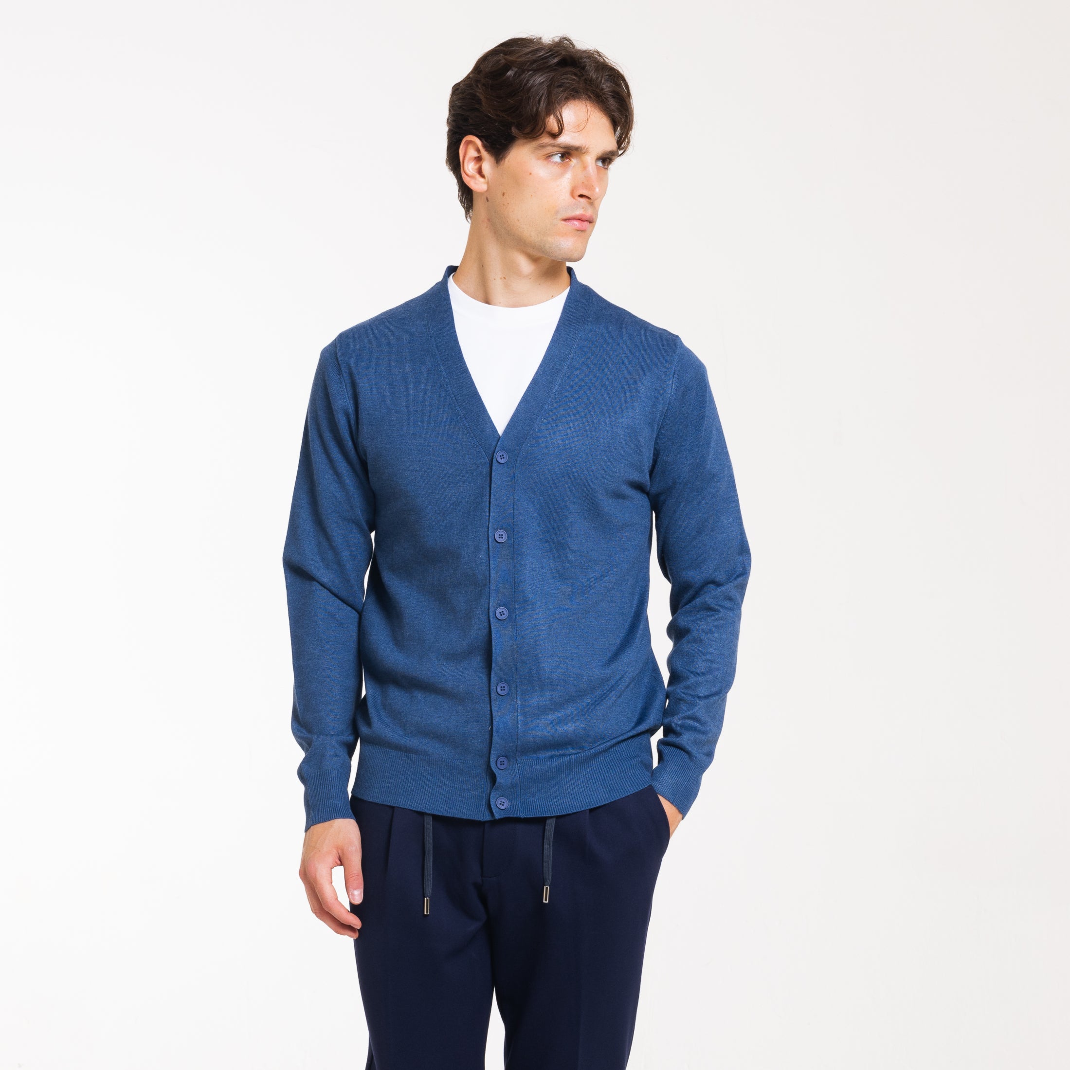 CARDIGAN DOPPIO FILO CON BOTTONI-11623|Colore:Denim