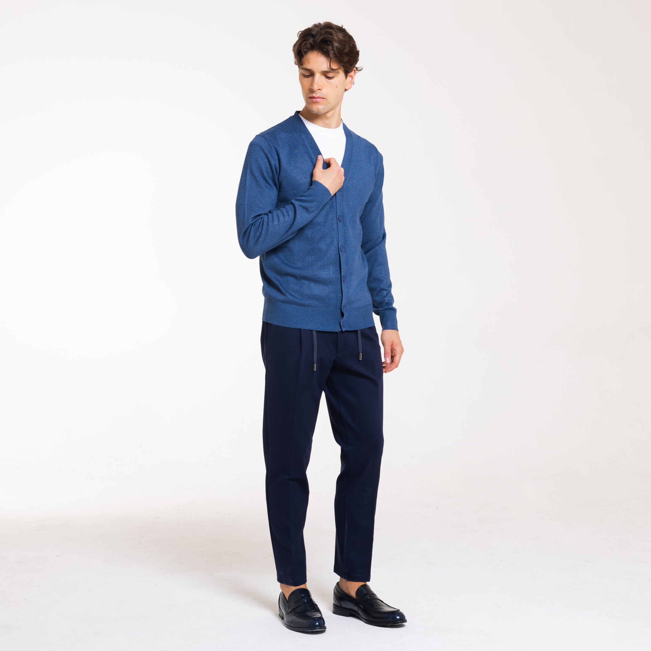 CARDIGAN DOPPIO FILO CON BOTTONI-11623|Colore:Denim