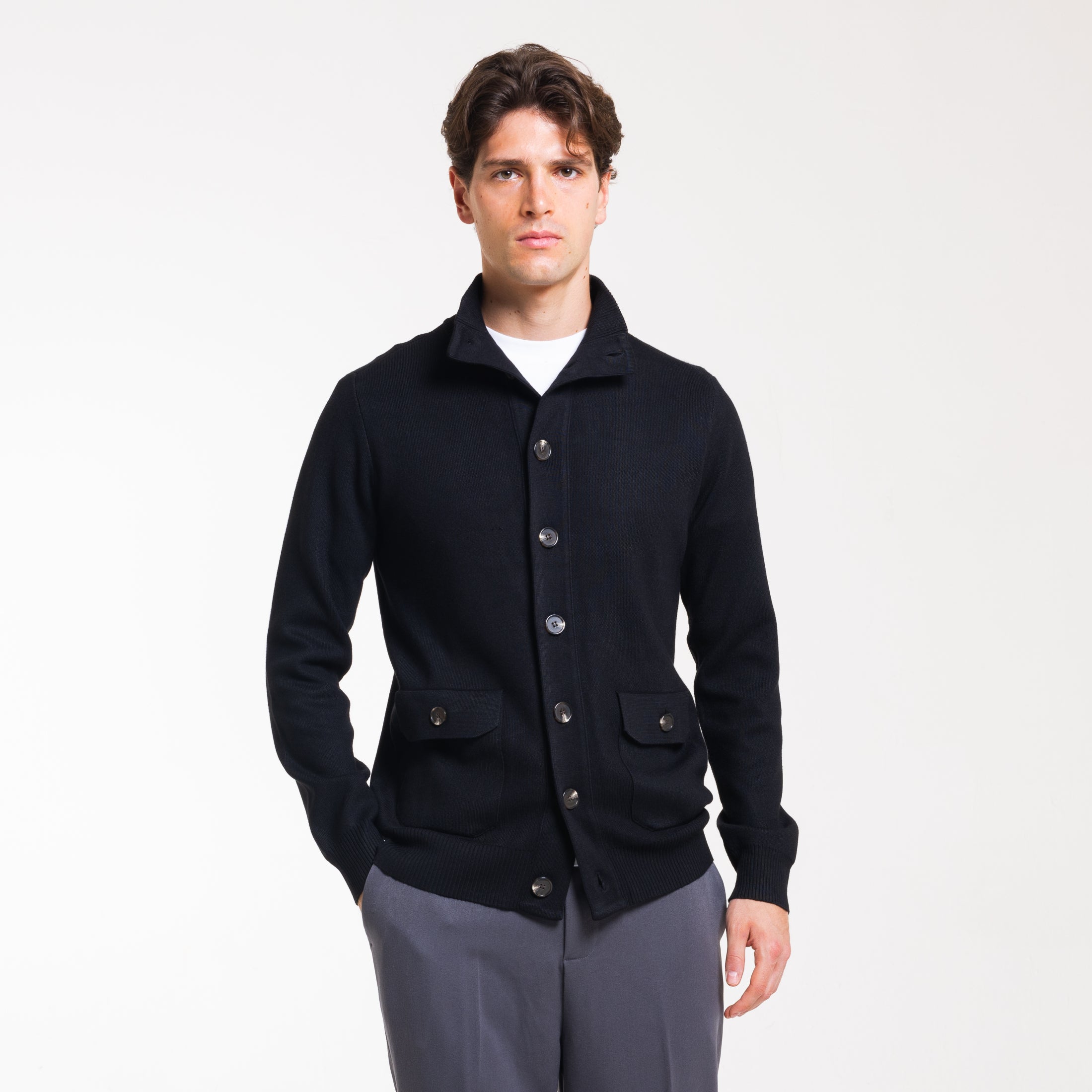 CARDIGAN MEZZO COLLO CON BOTTONI-11630|Colore:Nero
