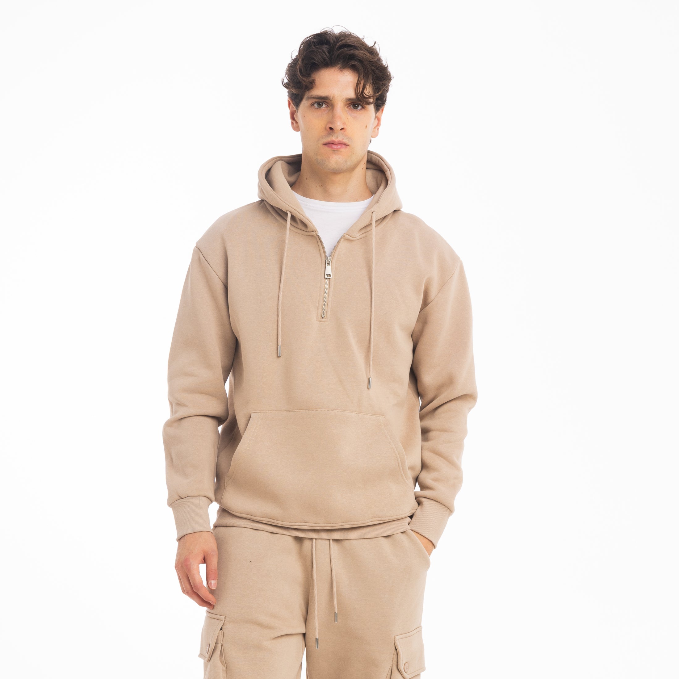 FELPA CAPPUCCIO MEZZA ZIP-11638|Colore:Beige