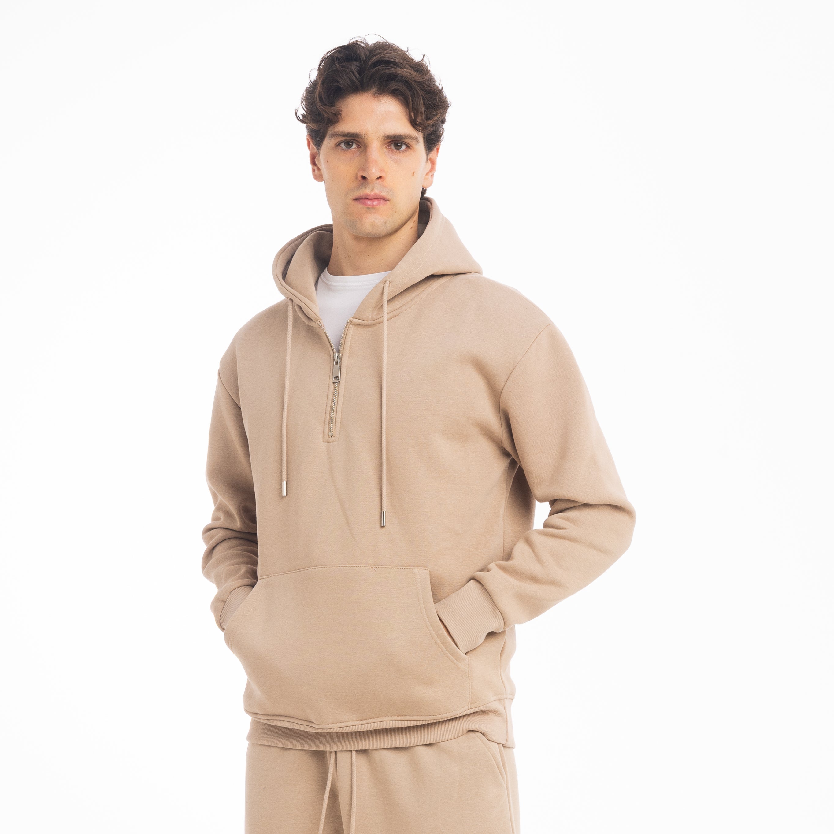 FELPA CAPPUCCIO MEZZA ZIP-11638|Colore:Beige