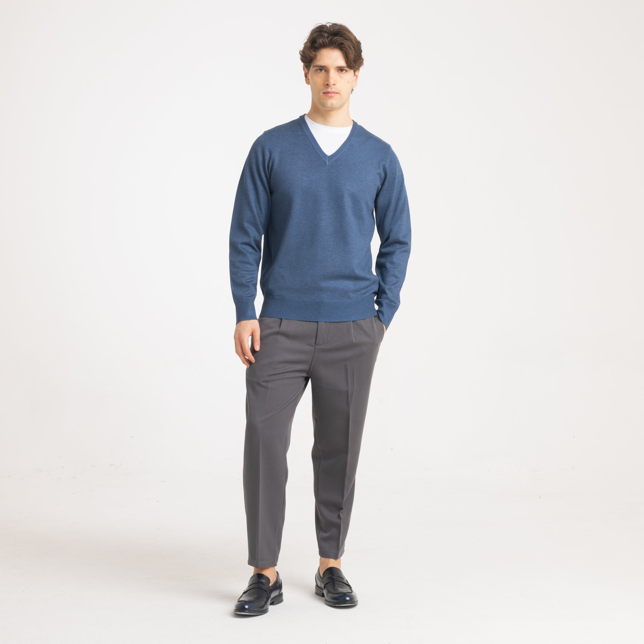 SCOLLO A V  VISCOSA DOPPIO FILO-11625|Colore:Denim
