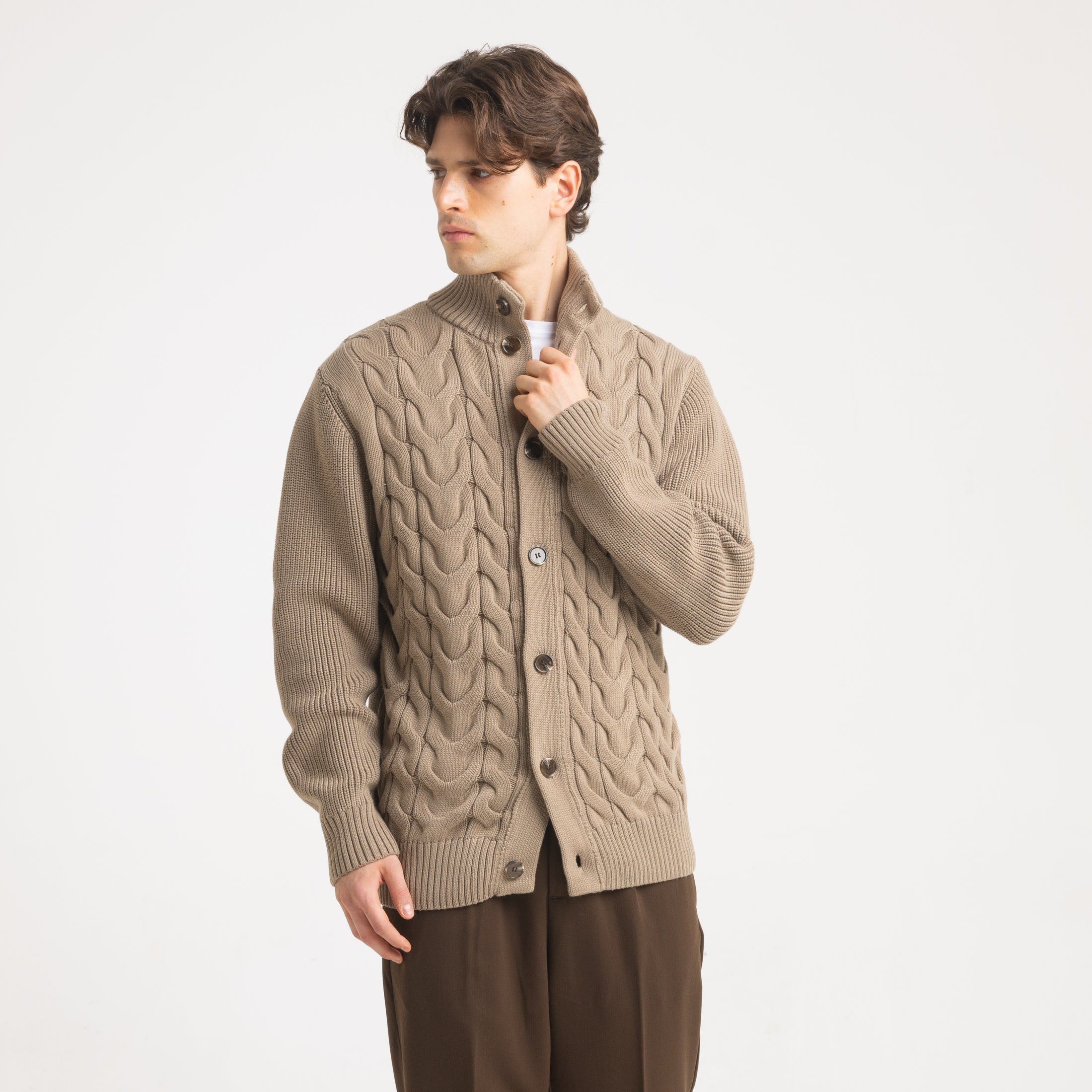 CARDIGAN BOTTONI TRECCIA -11633|Colore:Tortora