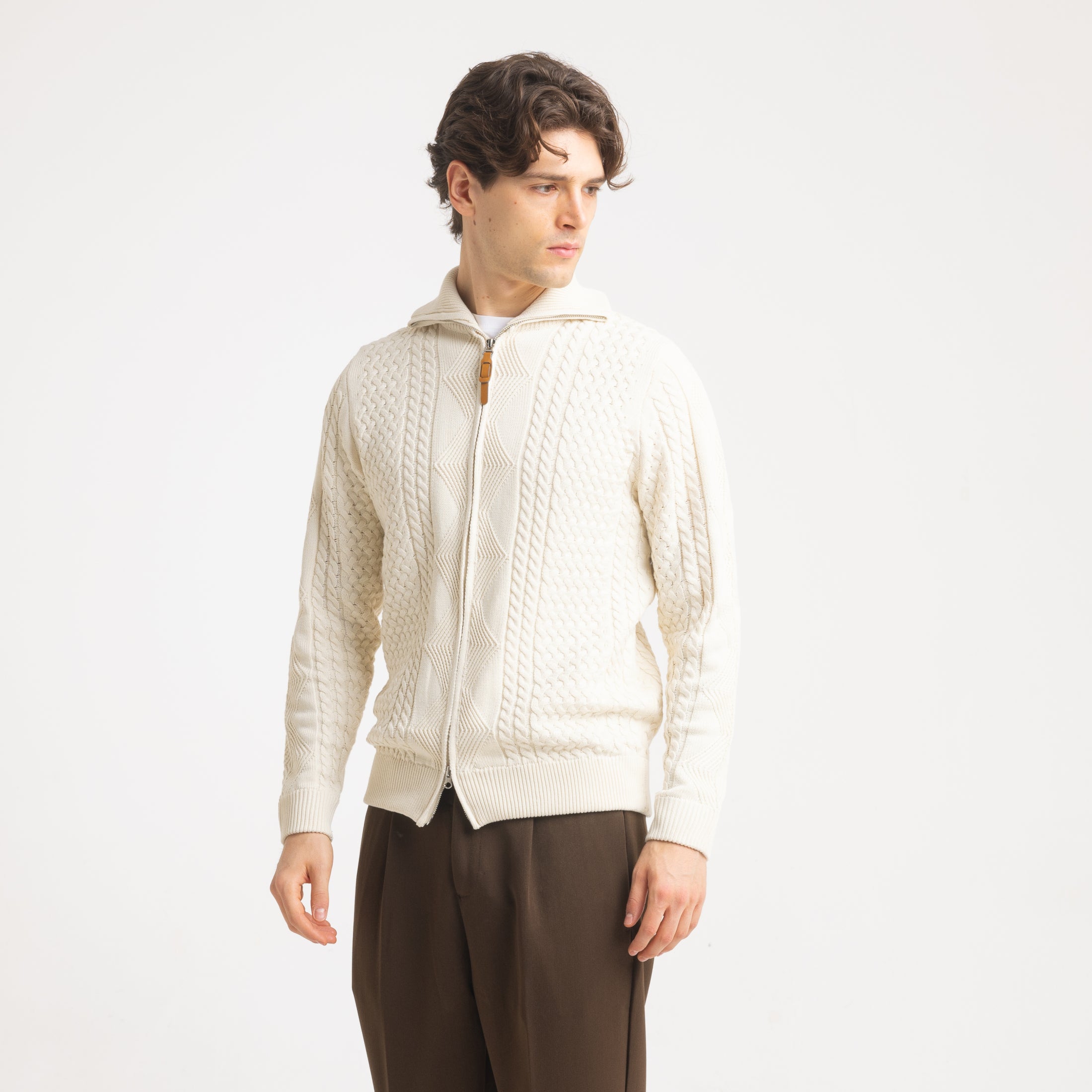 CARDIGAN FULL ZIP RICAMATO -11615|Colore:Panna