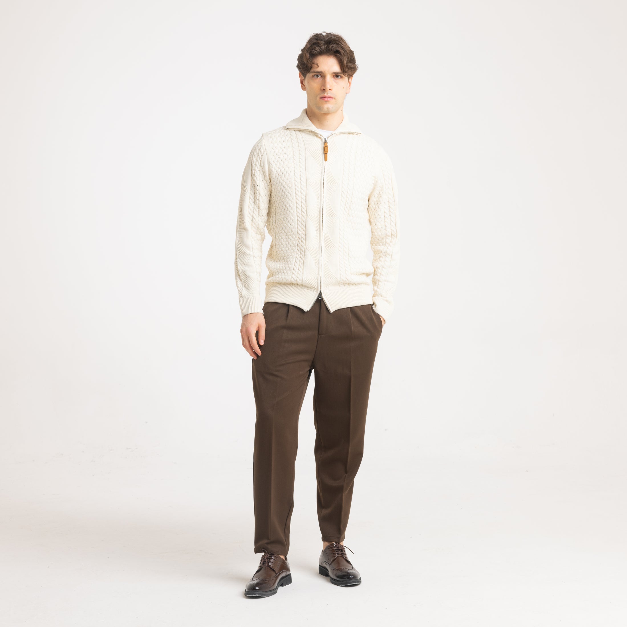 CARDIGAN FULL ZIP RICAMATO -11615|Colore:Panna