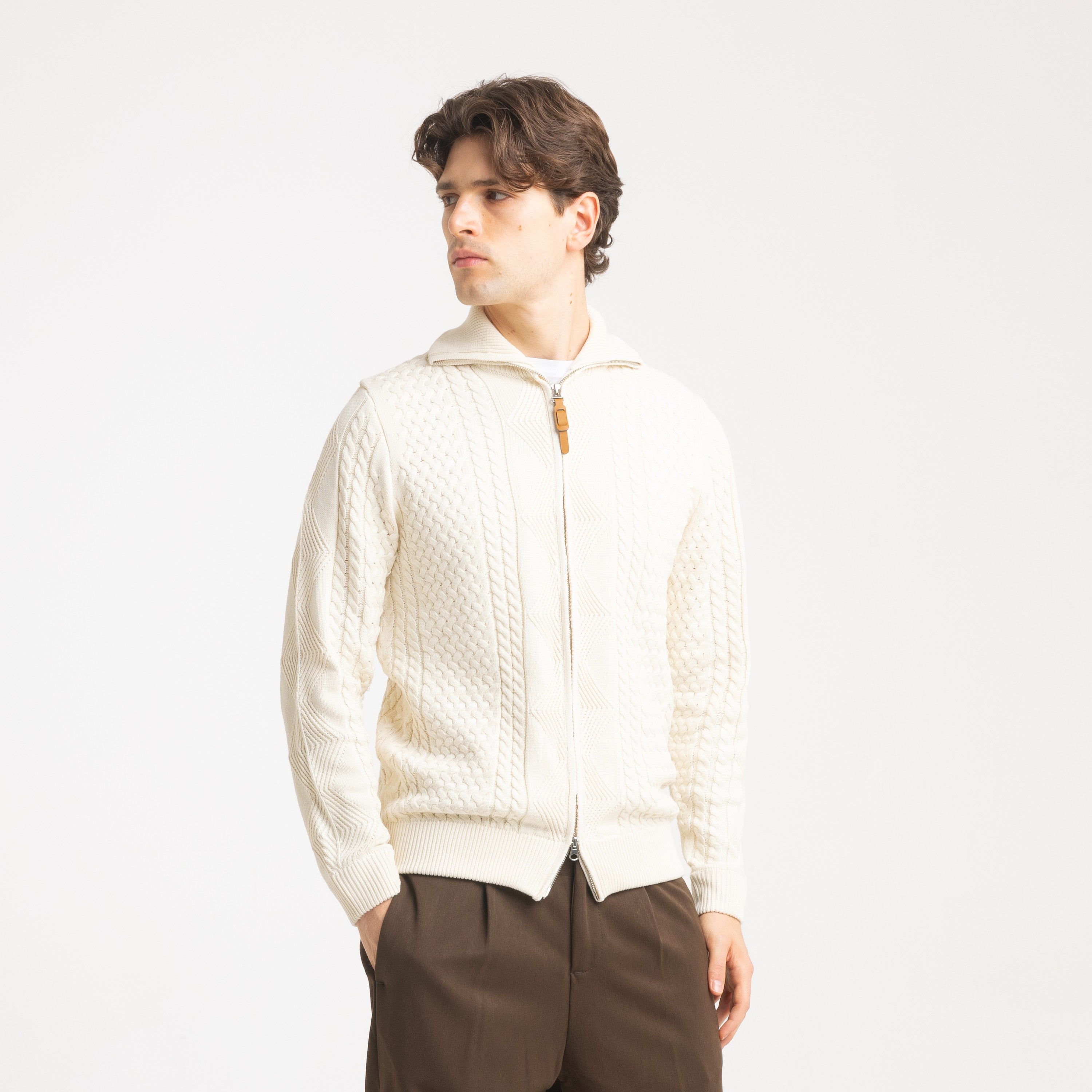CARDIGAN FULL ZIP RICAMATO -11615|Colore:Panna