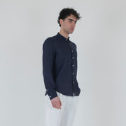 CAMICIA LINO COLLO KOREANO-11550|Colore:Blu