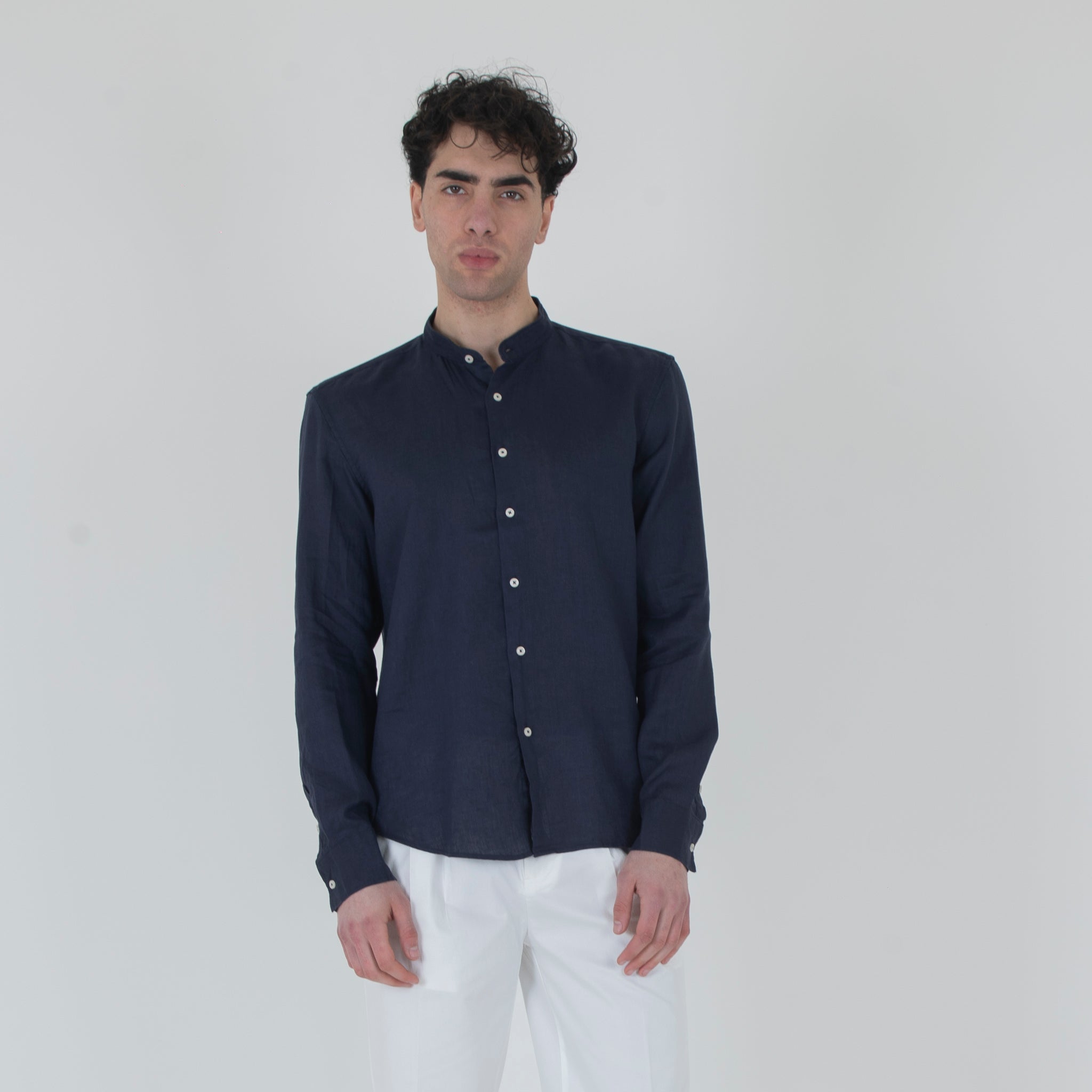 CAMICIA LINO COLLO KOREANO-11550|Colore:Blu