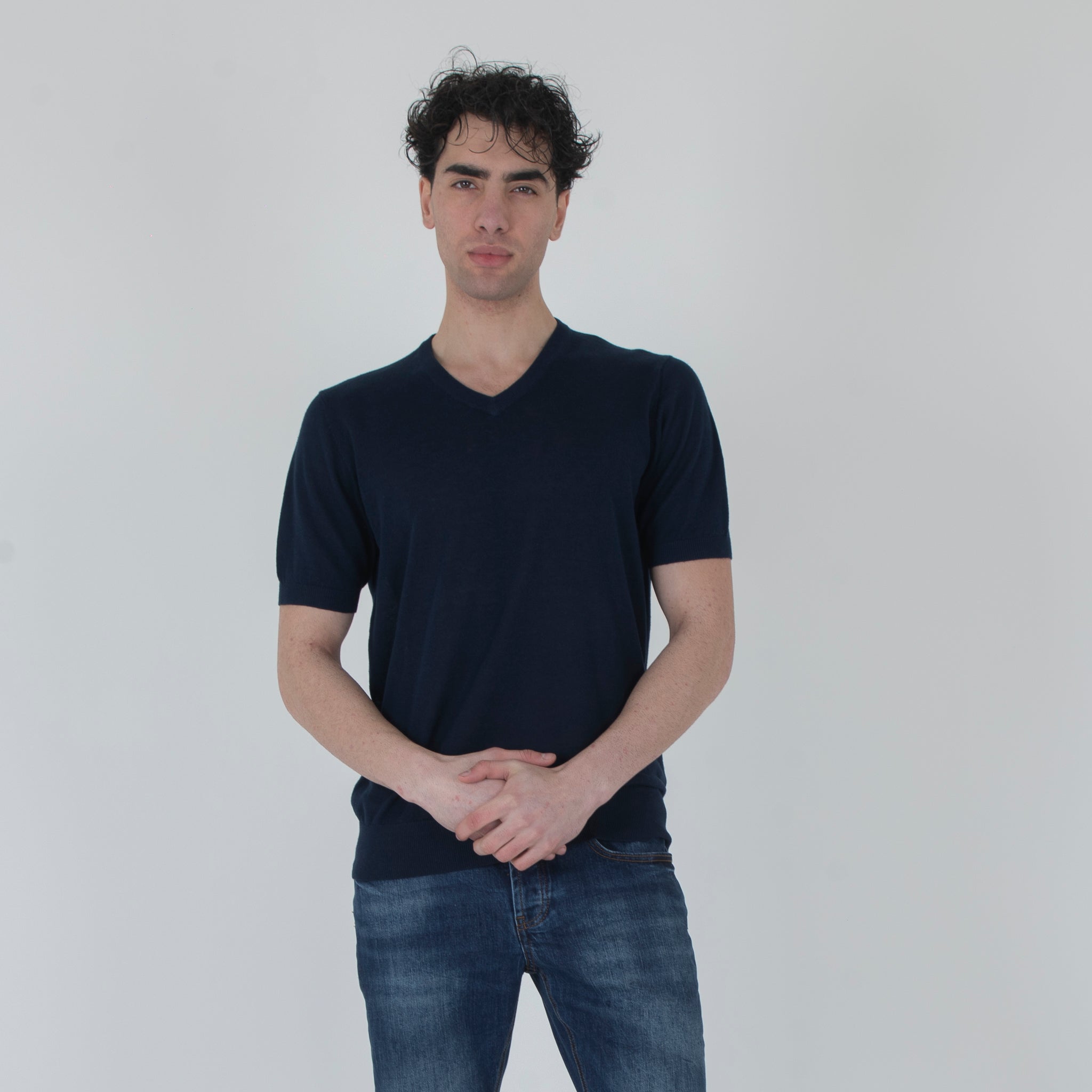 MAGLIA SCOLLO A V MISTO LINO-11539